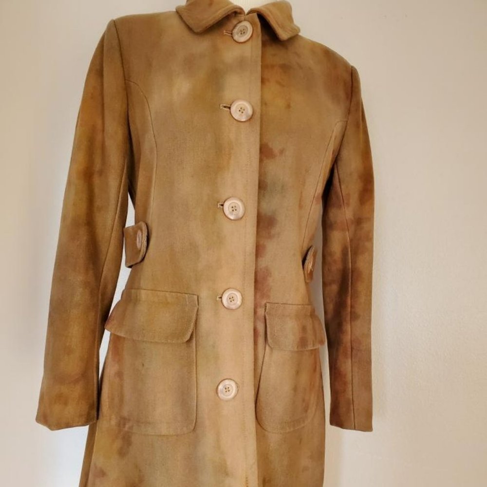 Wool trench pea coat camo brown tan beige green 6 8 10 small M camel dyed jacket - Picture 2 of 11
